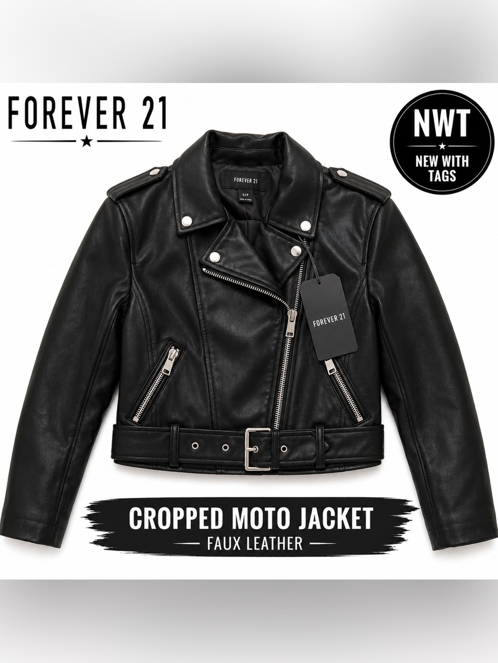 Forever 21 Black Faux Leather Cropped Moto Jacket